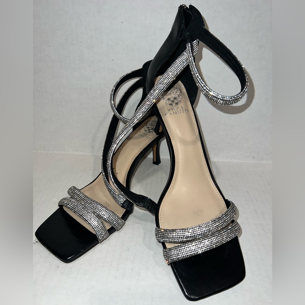 Vince Camuto Arklin Black and Silver Strappy Heels